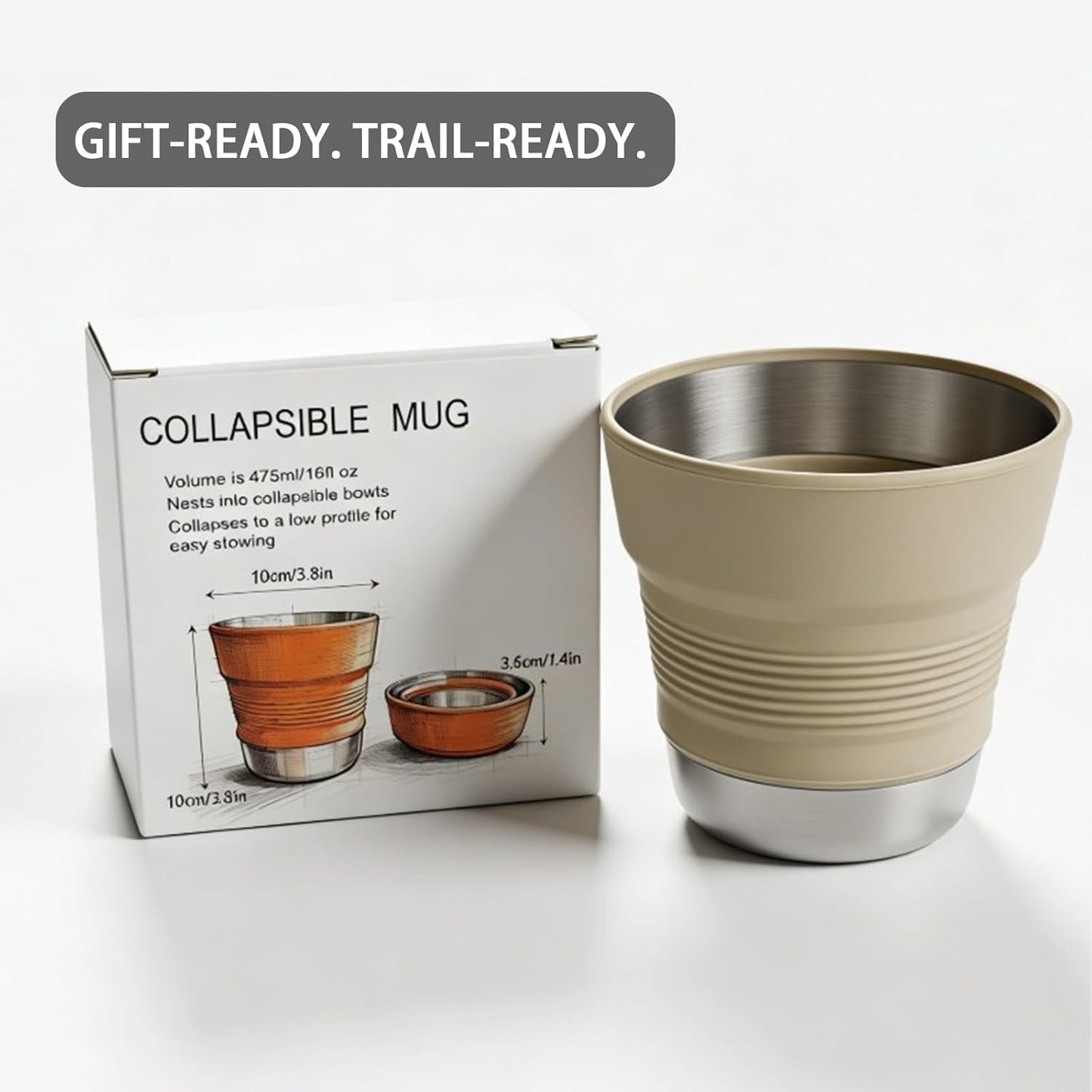 Ultralight Collapsible Travel Cup 16 oz, BPA Free Silicone & Stainless Steel Camping Mug, Foldable Portable Cup for Hiking, Backpacking, Outdoor Coffee Mug (Khaki)