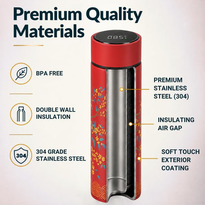 Farasi Tea Infuser for Loose Leaf Tea Smart Water Bottle with Temperature Display, Stainless Steel Insulated Coffee and Fruit Tea Infuser Bottle - Green Floral Travel Tea Mugs 15 oz