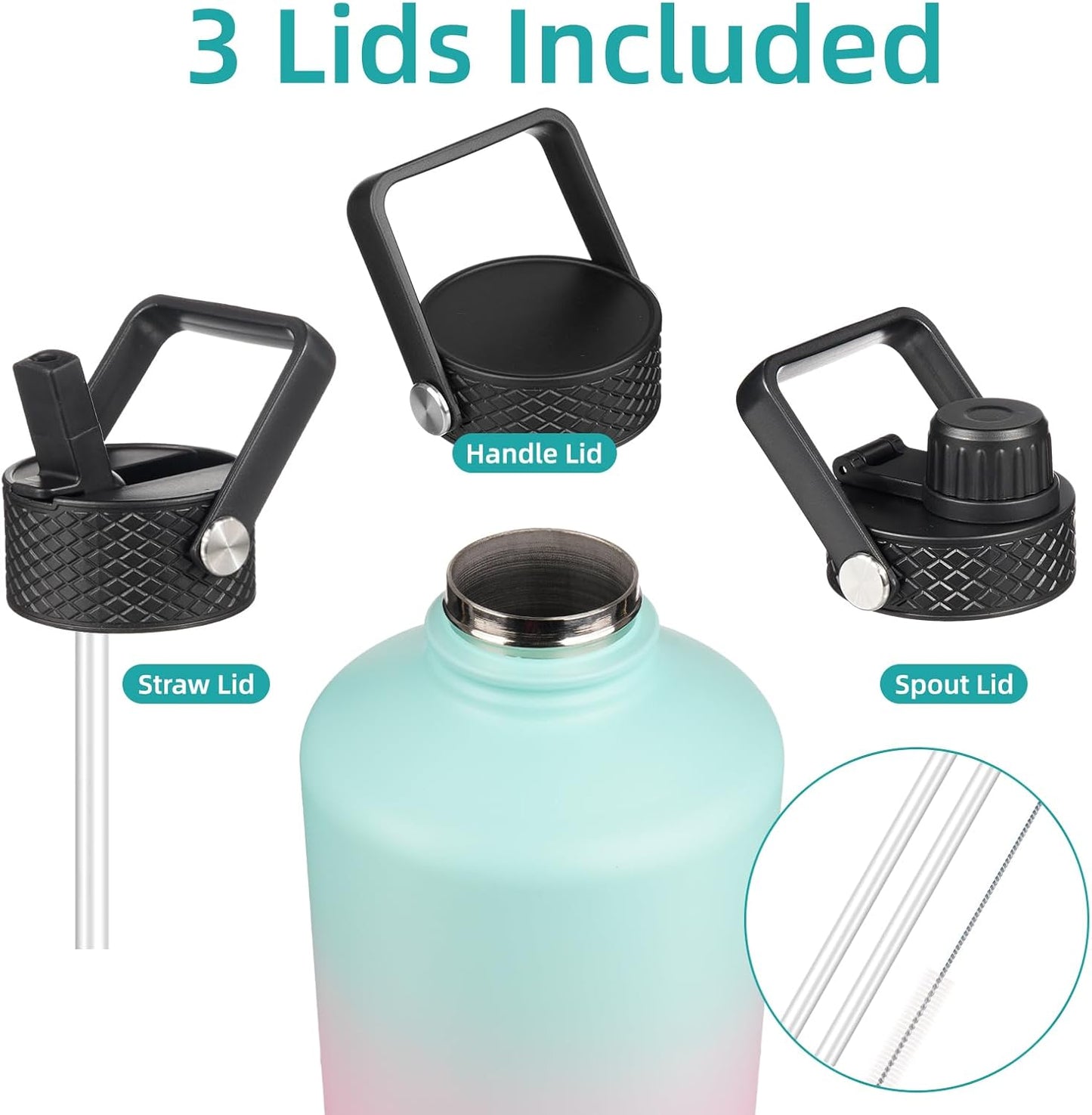 Konokyo 22oz Stainless Steel Bottles with 3 Lids Sport Insulated Water Bottle,Mint