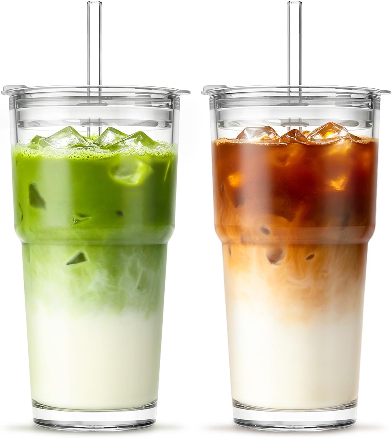 INSETLAN 13oz Portable Glass Tumblers Set of 2, Thick Wall Glass Cups with Lid and Glass Straw, On-the-Go Coffee Cups for Iced Coffee, Tea, Milk, Hot & Cold Drinks, Travel & Daily Use