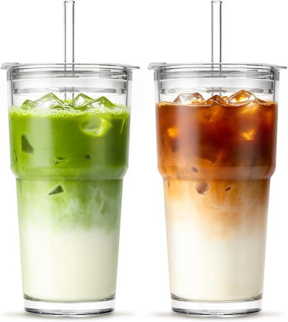 INSETLAN 13oz Portable Glass Tumblers Set of 2, Thick Wall Glass Cups with Lid and Glass Straw, On-the-Go Coffee Cups for Iced Coffee, Tea, Milk, Hot & Cold Drinks, Travel & Daily Use