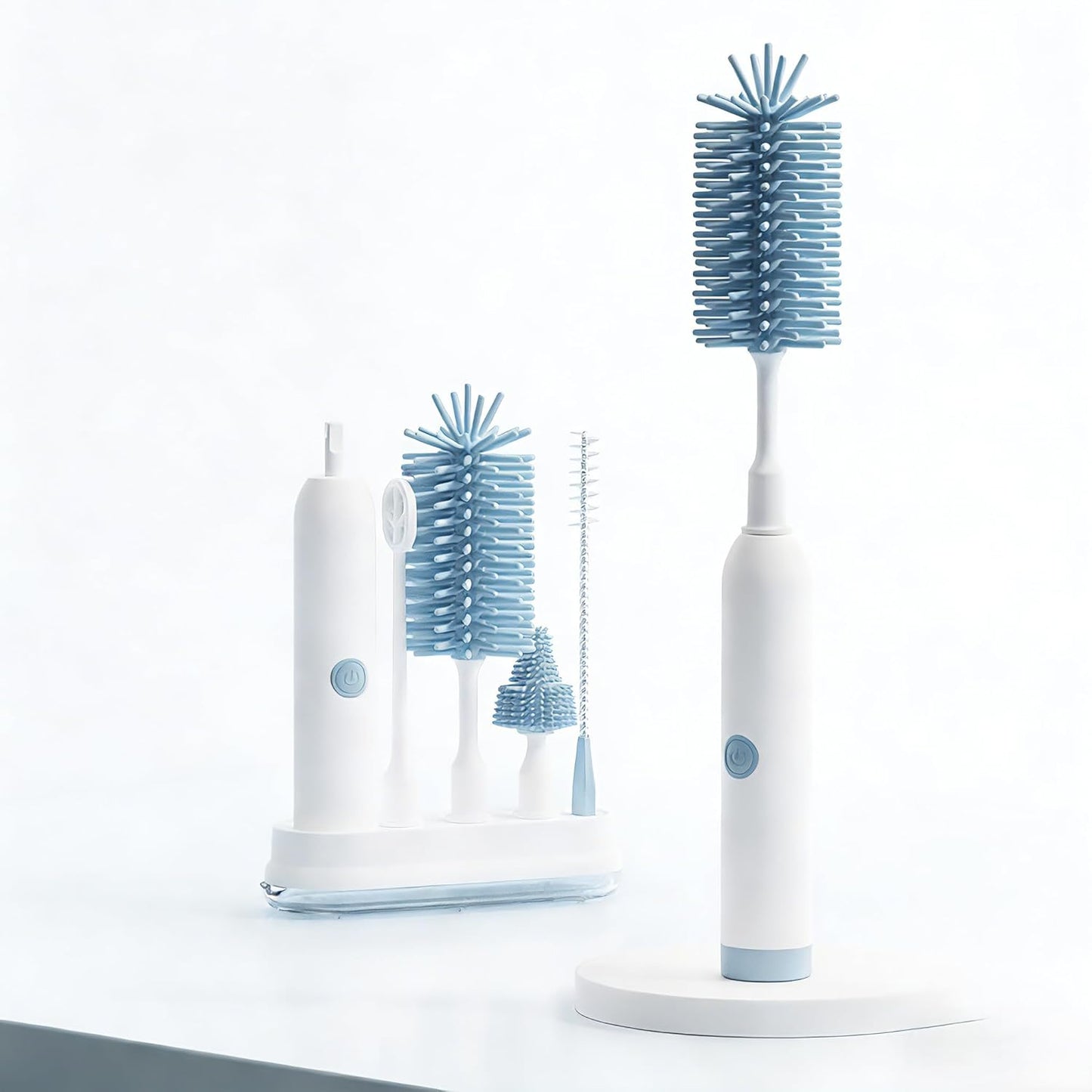 Rechargeable Electric Bottle Brush with Stand - 360° Spin Silicone Cleaner for Baby Bottles, Breast Pumps & Small Household Containers (Sea Blue)