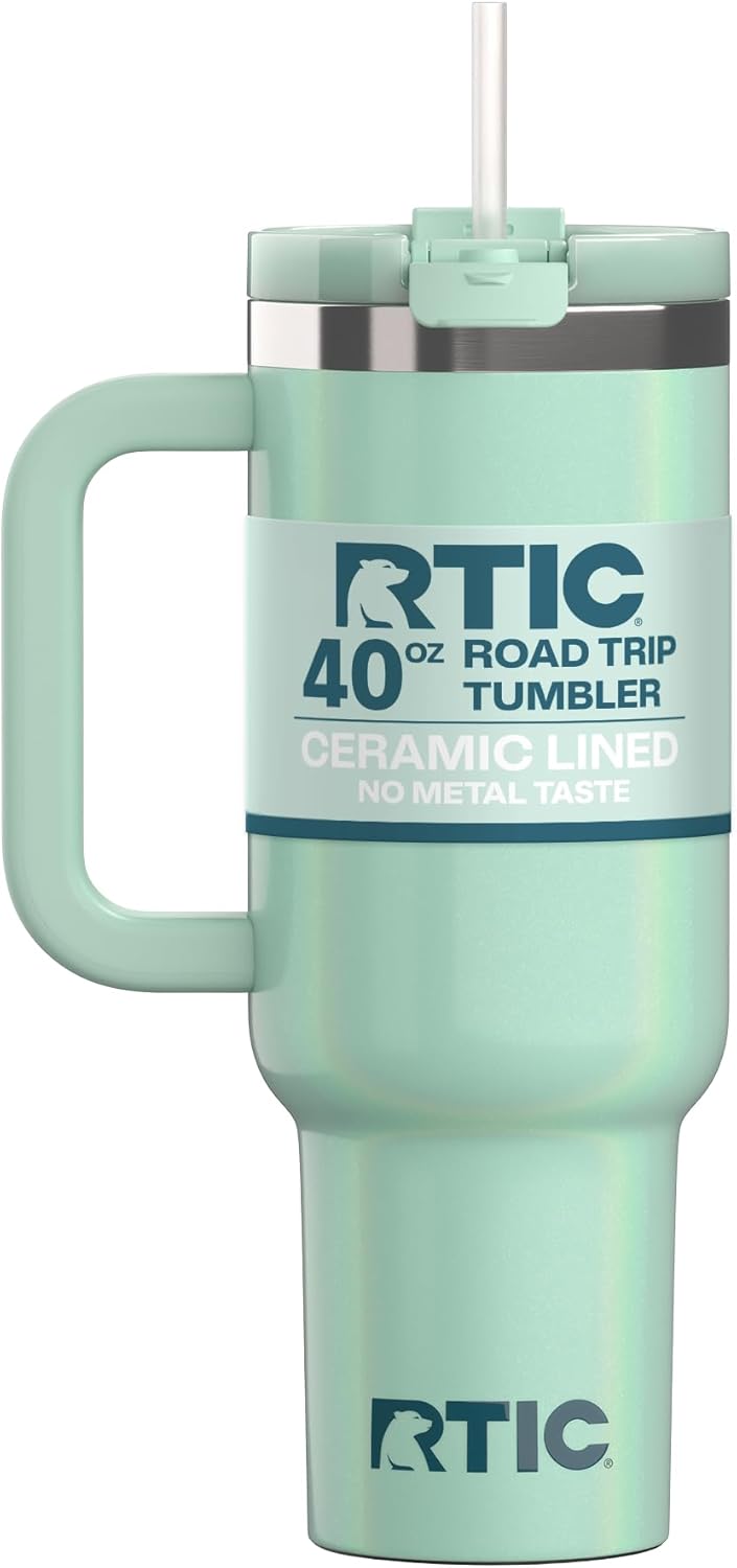 RTIC 30 oz Road Trip Tumbler Double-Walled Ceramic Lined InsulatedStainless Steel Portable Travel Coffee Mug Cup with Lid, Handle and Straw, Periwinkle Bouquet