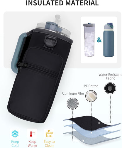 sportsnew Water Bottle Carrier Bag with Phone Pocket for 30oz 40oz Tumbler with Handle Accessories Insulated Water Bottle Holder Pouch with Strap Crossbody with Straw Cover