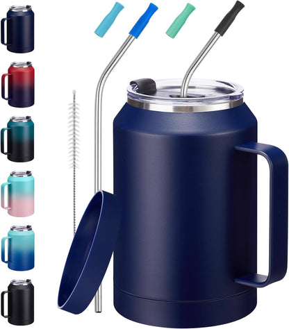 50 oz Insulated Tumbler with Handle and Straw - Stainless Steel Double Wall Coffee Mug, 2-in-1 Lid Metal Water Bottle, 36H Cold 24H Hot Travel Hydro Cup Jug with Silicone Boot