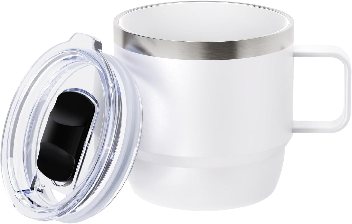 Zenbo 8 oz Small Coffee Mug with Magnetic Sliding Lid & Handle, Ceramic-Lined 18/8 Stainless Steel, Double-Wall Vacuum Insulated Espresso Coffee Cup, Stackable & Dishwasher Safe, White
