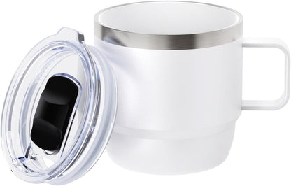 Zenbo 8 oz Small Coffee Mug with Magnetic Sliding Lid & Handle, Ceramic-Lined 18/8 Stainless Steel, Double-Wall Vacuum Insulated Espresso Coffee Cup, Stackable & Dishwasher Safe, White