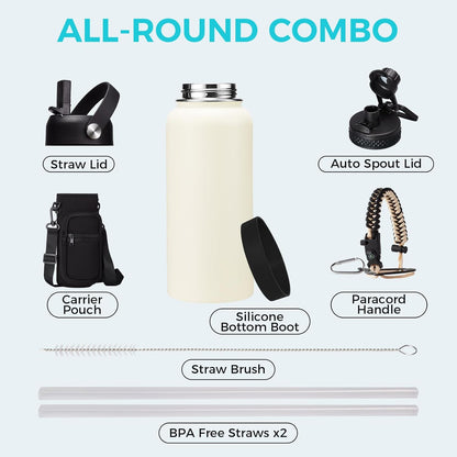 32/40/64OZ Insulated Water Bottle - Keep Cold 48H Hot 24H, Combo Straw/Spout Lids, Paracord Handle for Gym/Hiking, Carrier Bag +Strap, Cup Mat, BPA-Free Stainless Steel Flask Jug