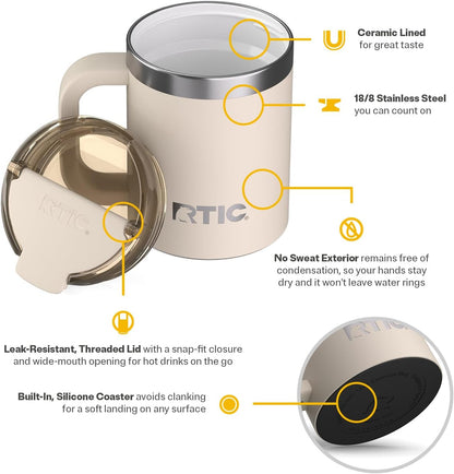 RTIC 12oz Essential Mug with Lid and Handle, Ceramic Lined, Insulated, Stainless Steel, Metal, Double Wall Vacuum-Insulation, Portable, Travel Cup for Hot and Cold Drink, Beach