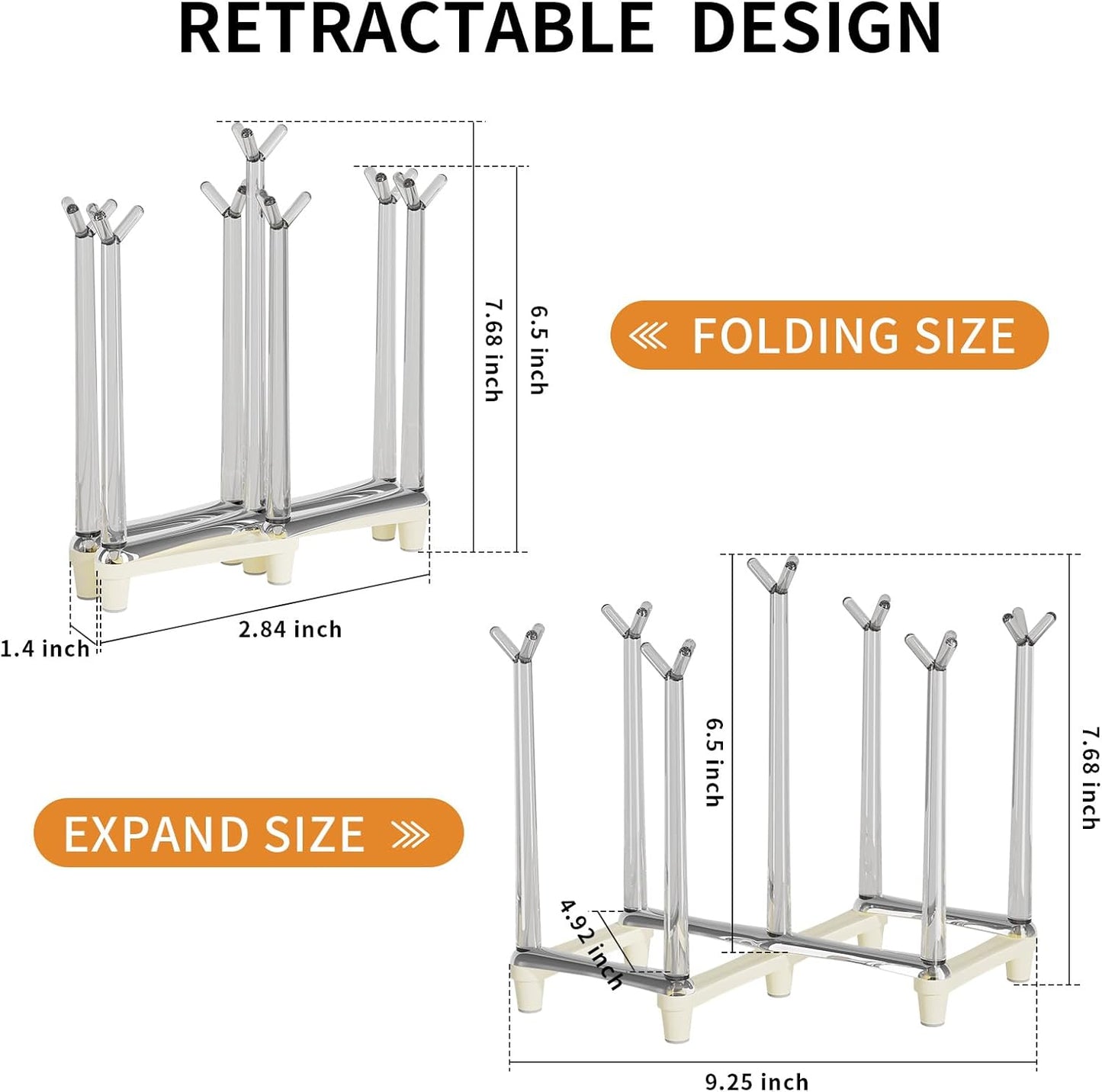 Marbrasse Retractable Cup Drying Rack, Drinking Glass and Sports Bottle Drainer Stand, Plastic Bag Dryer with Non-Slip Bottom for Kitchen Countertop