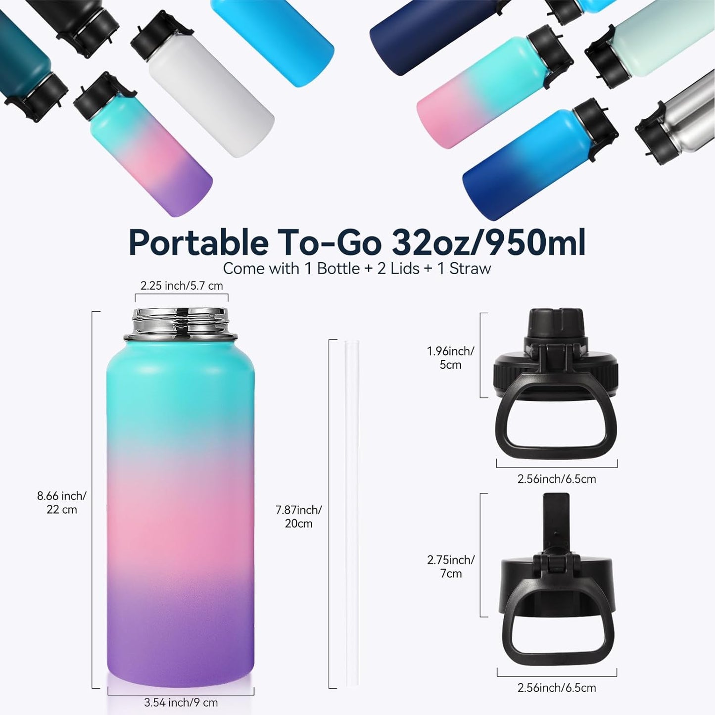 Neihepal 32 oz Insulated Water Bottle with 2 Lids (Straw & Spout Lid), 18/8 Stainless Steel Double Wall Water Bottles for Gym, Travel, Camping, Sports (Silver,1 Pack)