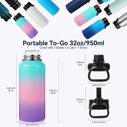 Neihepal 32 oz Insulated Water Bottle with 2 Lids (Straw & Spout Lid), 18/8 Stainless Steel Double Wall Water Bottles for Gym, Travel, Camping, Sports (Silver,1 Pack)