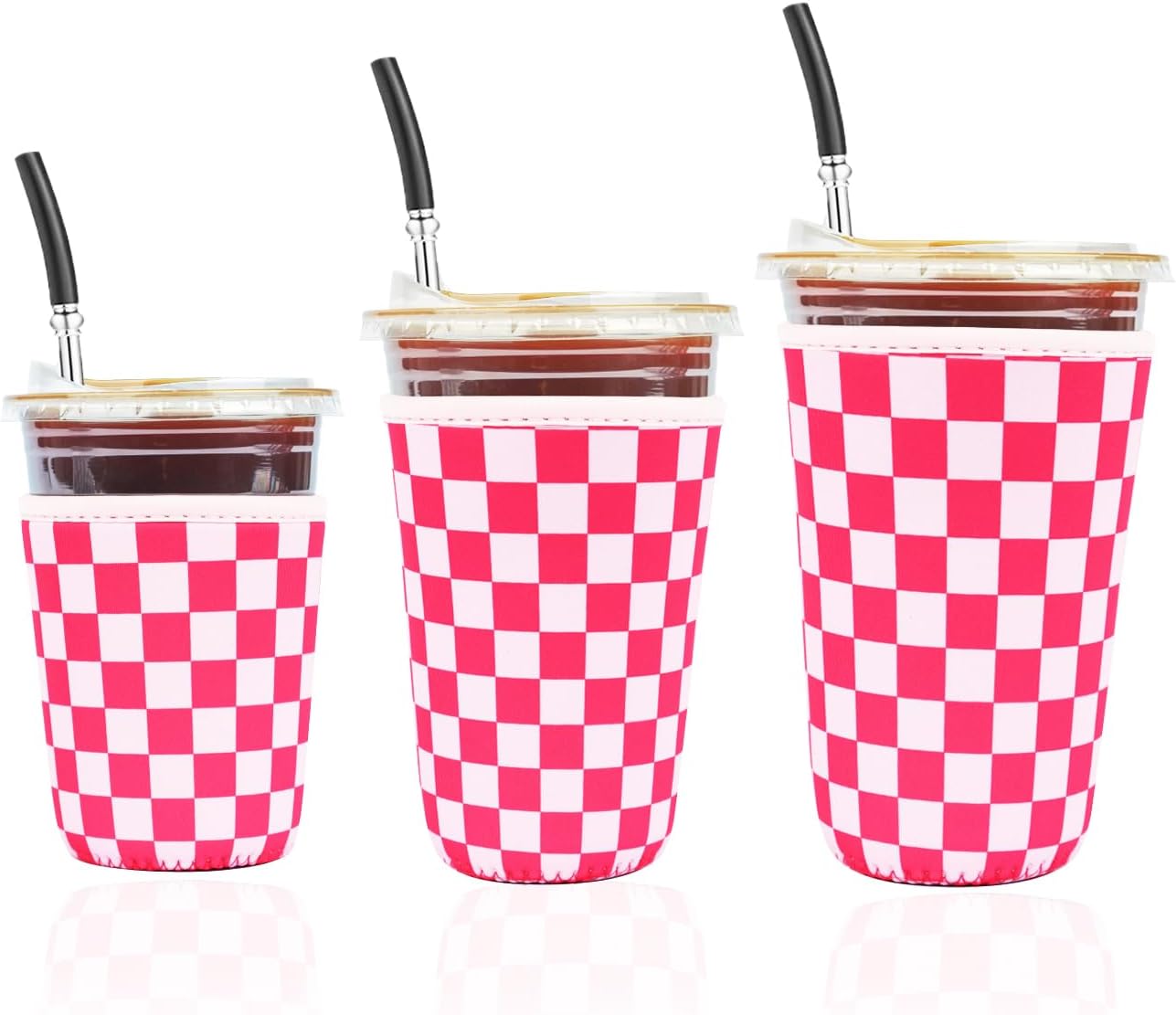 Reusable Insulated Neoprene Iced Coffee Cup Sleeve, Durable Drink Sleeve for Cold Beverages, Beverage Holder for Iced Coffee, Floral Checkers