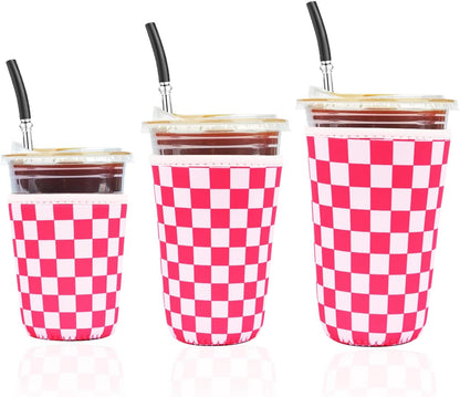 Reusable Insulated Neoprene Iced Coffee Cup Sleeve, Durable Drink Sleeve for Cold Beverages, Beverage Holder for Iced Coffee, Floral Checkers