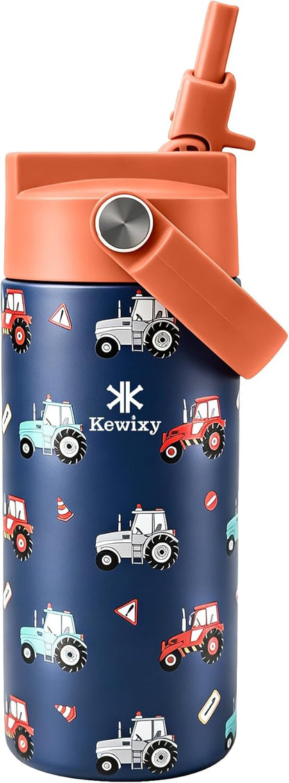 KEWIXY Kids Water Bottle for School, Easy Slide Lid, Leak Proof, Keep Cold 24H, Vacuum Insulated Tumbler, Metal Stainless Steel with Straw and Handle, for Boys&Girls (18OZ, Candy Pink)