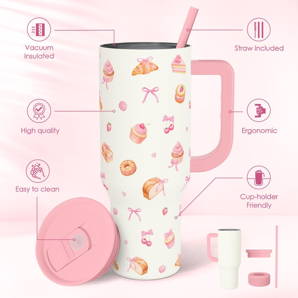 SANDJEST Pickleball 40oz Tumbler With Handle and Straw, Pickleball Queen Insulated Stainless Steel Travel Coffee Mug for Women Girls Players, Gift Idea for Birthday Christmas Mothers Day