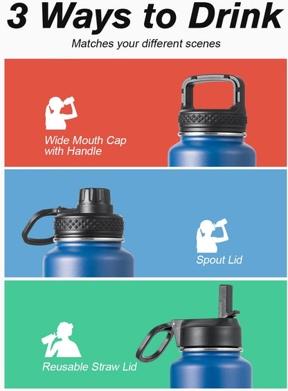 Half Gallon Water Bottle Insulated with Straw & 3 Lids, Coolflask 64 oz Water Jug Large Metal Stainless Steel Wide Mouth for Sports, Gym or Office, Non-BPA Keep Cold 48H Hot 24H, Samurai Cyan