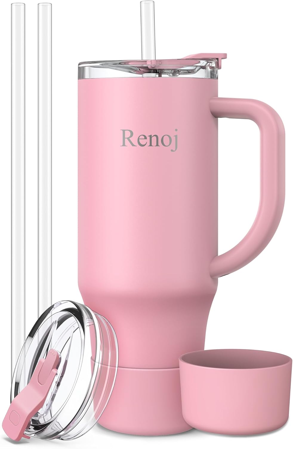 Renoj Insulated Mug 100% Leak Proof Insulated Water Bottle for Iced Coffee & Hot Drinks - Fits Car Cup Holder, Ideal Gift, 2 Straws & Silicone Boot - SnapShift Pink 32 oz