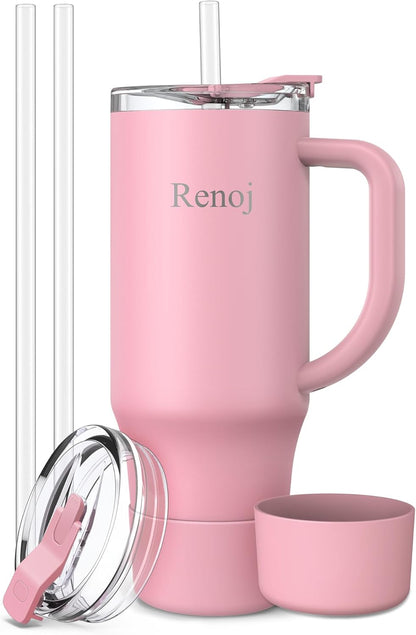 Renoj Insulated Mug 100% Leak Proof Insulated Water Bottle for Iced Coffee & Hot Drinks - Fits Car Cup Holder, Ideal Gift, 2 Straws & Silicone Boot - SnapShift Pink 32 oz
