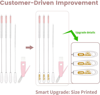 15 Inch Extra Long Straw Cleaner Brush Set, 5 Pcs Reusable Cleaning Brushes for Stanley 40 oz Tumbler, Owala, Yeti, Includes 4 Flexible Straw Brushes and 1 3-in-1 Cup Lid Gap Cleaning Tool(Pink)