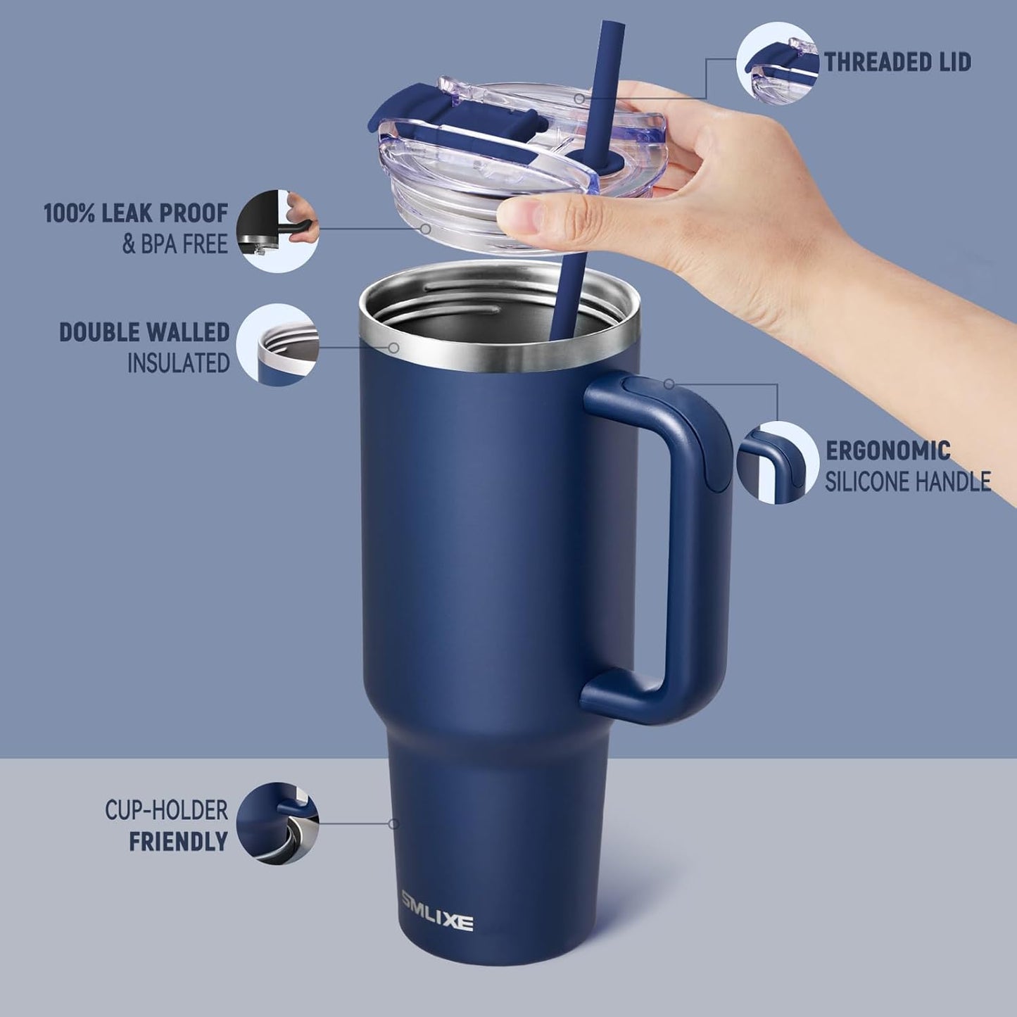 40 oz Tumbler with Handle and Straw Lid,Insulated Reusable Stainless Steel Water Bottle Travel Mug，Cupholder Friendly Double Wall Vacuum Sealed Cup (Black)