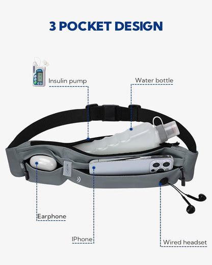 WATERFLY Running Belt Fanny Pack: Runner Marathon Jogging Waist Pack Sport Workout Exercise Fitness Phone Holder Belt for Men Women Jogger Slim Waist Bag Black
