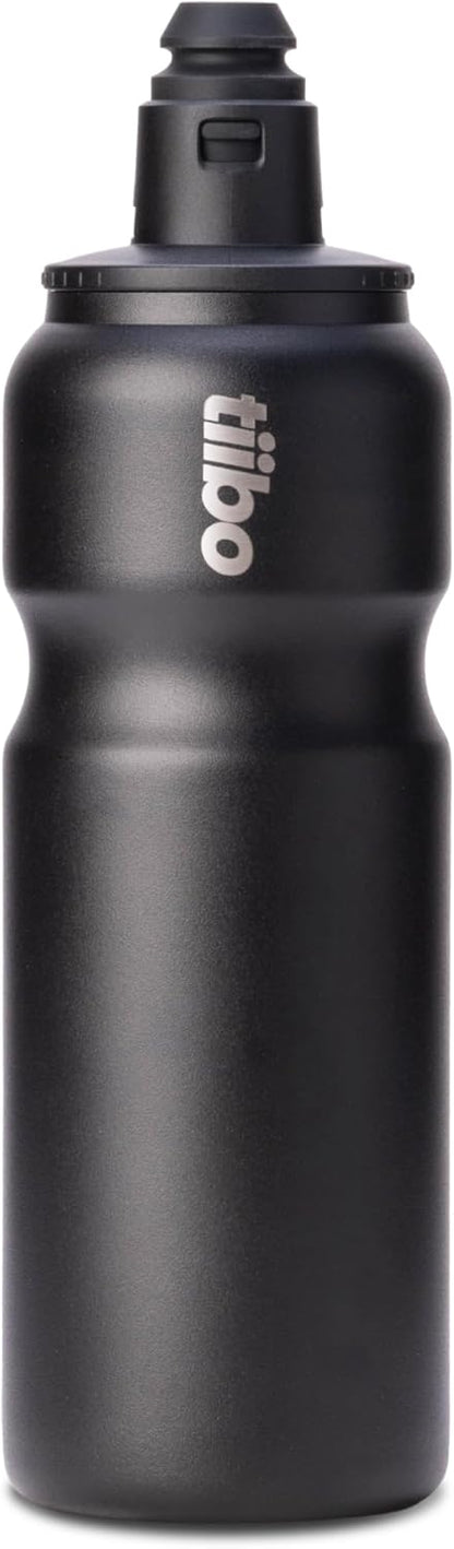 tiibo Vacuum Insulated Stainless Steel Bike Water Bottle, Double Wall, No-Squeeze, Fast Flow Sport Nozzle, Designed for Cycling, Biking, Fitness & Sports, Fits Most Bike Cages (Brushed, 23OZ)