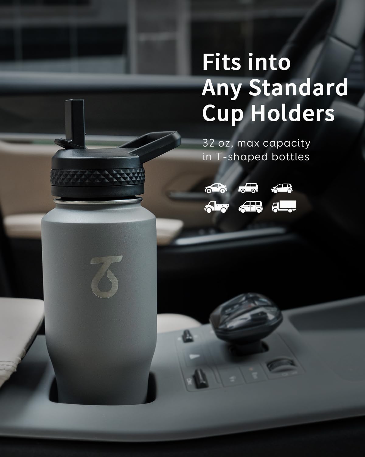 Trebo 40 oz Water Bottle Insulated Fit Car Cup Holder with Handle, Stainless Steel Water Bottles Tumbler with Spout Straw Lids, Double Wall Travel Reusable Flask, Leakproof Mug,Keep Cold &Hot,Black