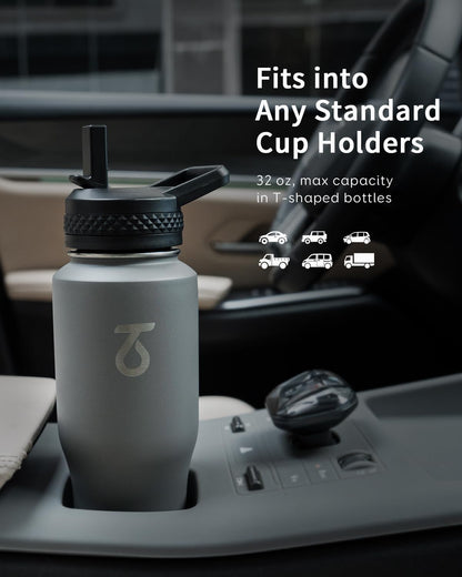 Trebo 40 oz Water Bottle Insulated Fit Car Cup Holder with Handle, Stainless Steel Water Bottles Tumbler with Spout Straw Lids, Double Wall Travel Reusable Flask, Leakproof Mug,Keep Cold &Hot,Black
