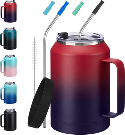 50 oz Insulated Tumbler with Handle and Straw - Stainless Steel Double Wall Coffee Mug, 2-in-1 Lid Metal Water Bottle, 36H Cold 24H Hot Travel Hydro Cup Jug with Silicone Boot