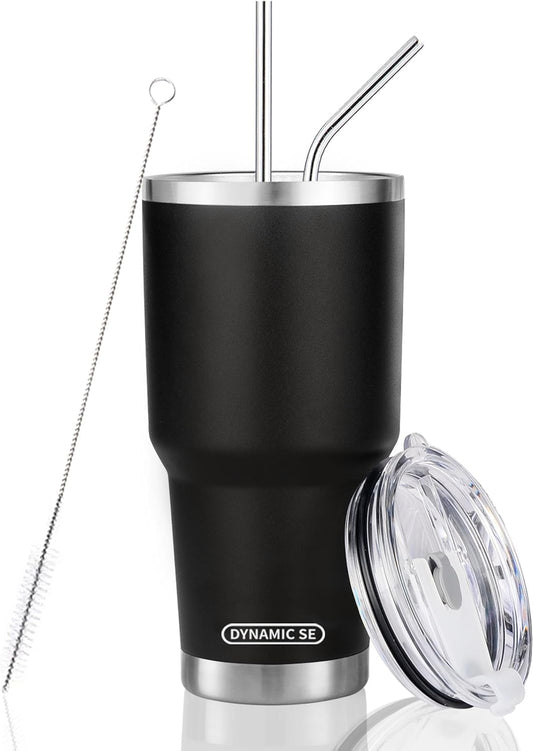 D·S 30oz Blue Tumbler Stainless Steel Double Wall Vacuum Insulated Mug with Straw and Lid, Cleaning Brush for Cold and Hot Beverages