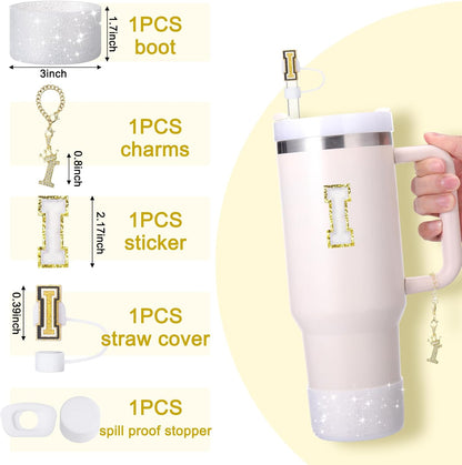 Mity Rain 6pc Cup Accessories Set for Stanley 30 oz & 40 oz Tumbler with Handle, Including Straw Cover Cap, Cup Initials Charm, Silicone Boot, Round & Square Spill Proof Stopper