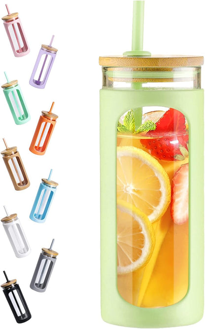 Kodrine 20oz Glass Water Tumbler with Straw and Lid, Bamboo Lids Water Bottle, Iced Coffee Cup Reusable, Wide Mouth Smoothie Cups with Protective Silicone Sleeve BPA FREE-Black - Colors A