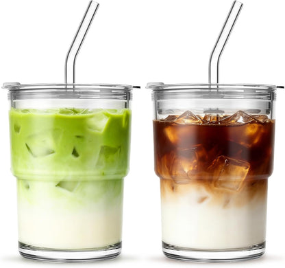 INSETLAN 13oz Portable Glass Tumblers Set of 2, Thick Wall Glass Cups with Lid and Glass Straw, On-the-Go Coffee Cups for Iced Coffee, Tea, Milk, Hot & Cold Drinks, Travel & Daily Use