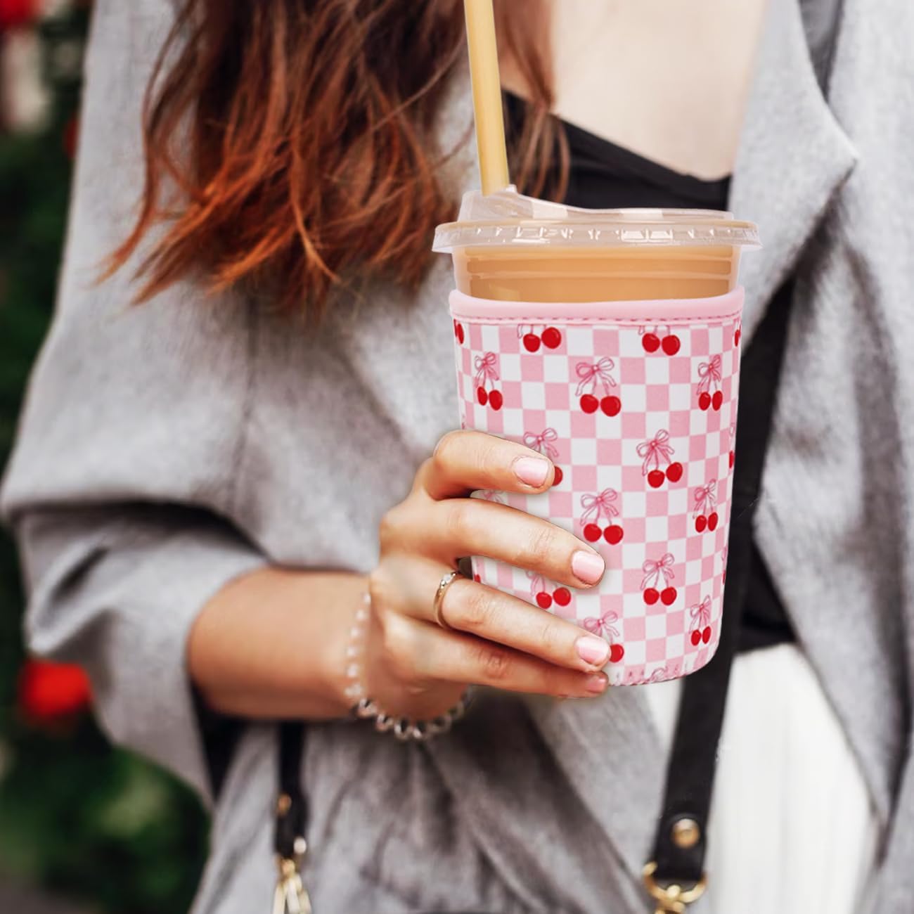 Reusable Insulated Neoprene Iced Coffee Cup Sleeve, Durable Drink Sleeve for Cold Beverages, Beverage Holder for Iced Coffee, Floral Checkers