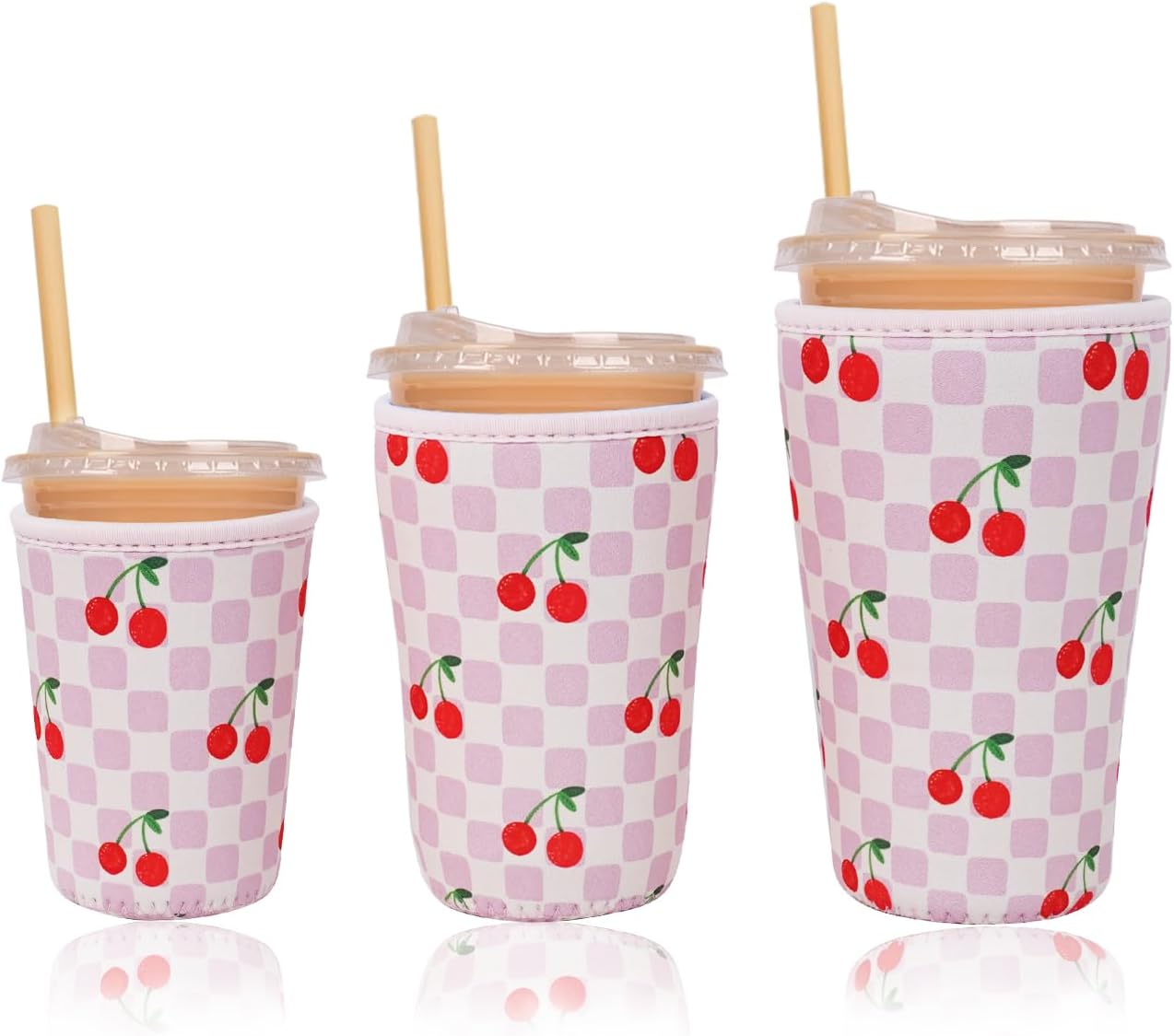 Reusable Insulated Neoprene Iced Coffee Cup Sleeve, Durable Drink Sleeve for Cold Beverages, Beverage Holder for Iced Coffee, Floral Checkers