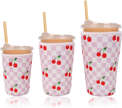 Reusable Insulated Neoprene Iced Coffee Cup Sleeve, Durable Drink Sleeve for Cold Beverages, Beverage Holder for Iced Coffee, Floral Checkers