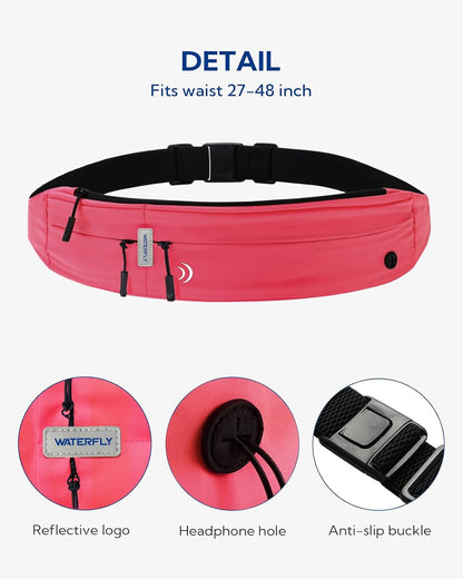 WATERFLY Running Belt Fanny Pack: Runner Marathon Jogging Waist Pack Sport Workout Exercise Fitness Phone Holder Belt for Men Women Jogger Slim Waist Bag Black