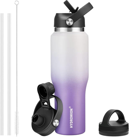 HYDROWION 32oz Stainless Steel Water Bottle(Cold for 48 Hrs, Hot for 24 Hrs),Double Wall Vacuum Insulated Water Bottle with Straw Lid, Spout Lid and Flex Cap, Fit in Any Car Cup Holder,Black