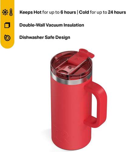 RTIC 20oz Road Trip Travel Mug with Lid and Handle, Ceramic Lined, Insulated, Stainless Steel, Metal, Double Wall Vacuum-Insulation, Portable Coffee, Tea Cup for Hot and Cold Drink, Black