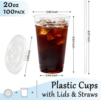 25 Pack 16 oz Clear Plastic Cups with Lids and Straws, Leak-Proof Disposable Iced Coffee Cups, BPA-Free PET Cold Drink Tumblers for Smoothie, Tea and Juice, Crystal Clear To Go Cups