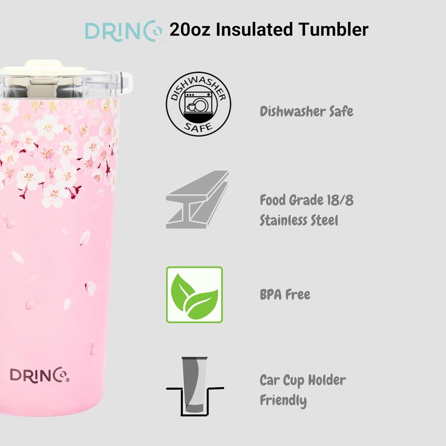 Drinco - 20 oz Stainless Steel Tumbler | Double Walled Vacuum Insulated Mug With Lid, 2 Straws, For Hot & Cold Drinks (20oz Dragonfly)