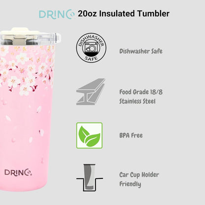 Drinco - 20 oz Stainless Steel Tumbler | Double Walled Vacuum Insulated Mug With Lid, 2 Straws, For Hot & Cold Drinks (20oz Dragonfly)