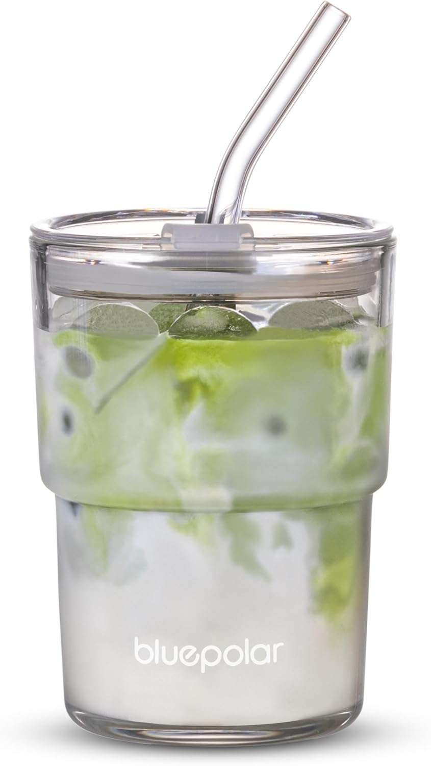BLUEPOLAR 13oz/400ml Glass Water Tumbler with Straw and Lid Sealed Carry On Thick Wall Iced Coffee Cup Glass Cup for Water, Iced Tea Fruit Juice Etc (White-2Pack)