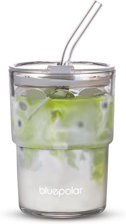 BLUEPOLAR 13oz/400ml Glass Water Tumbler with Straw and Lid Sealed Carry On Thick Wall Iced Coffee Cup Glass Cup for Water, Iced Tea Fruit Juice Etc (White-2Pack)
