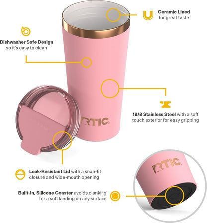 RTIC 18oz Happy Hour Pint Tumbler with Lid, Insulated, Ceramic Lined, Stainless Steel Metal, Portable Travel Cup for Hot and Cold Drink, Black Cherry