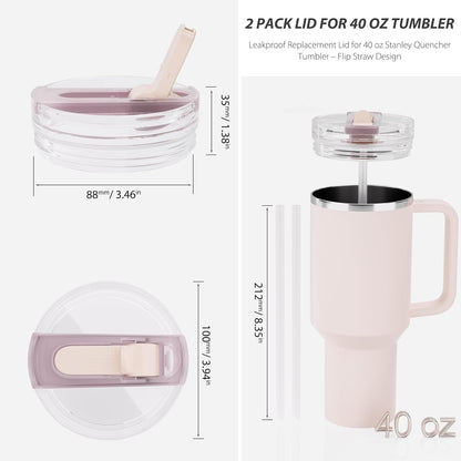 2 Pack 40 oz Flip Straw Lid for STANLEY Quencher ProTour and H2.0 FlowState Tumbler(Only for STANLEY Tumbler), Leakproof Lid, No Spill & Easy to Use Reusable Cover (Passion Pink)