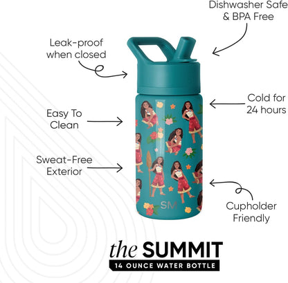 Simple Modern Disney Minnie Mouse Kids Water Bottle with Straw Lid | 14oz Insulated Stainless Steel Kids Tumbler & Spill Proof Toddler Cup for School, Girls, Boys | Summit | Minnie Mouse Fun - Colors A