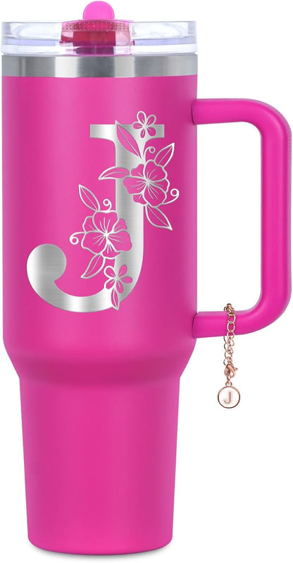 Personalized 40 oz Monogrammed Tumbler with Handle and Flip Straw Lid, 100% Leak Proof stainless steel Insulated Tumbler, Customized Initial Funny Gifts for Women Mom Sisters Coworker, A