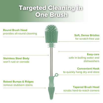 Haakaa Silicone Cleaning Brush for Baby Bottles and Crevices, Double-Ended Bottle Brush for Breast Pumps, Milk Collectors, Nipples and Breastmilk Storage Bags, Food-Grade Silicone, Pea Green, 1 Pack